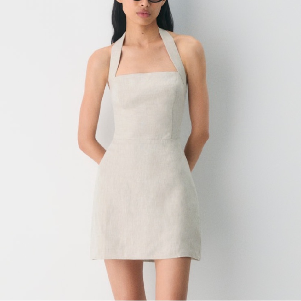 Wilfred Aritzia Whisper Linen halter backless mini Dress natural ecru 2
